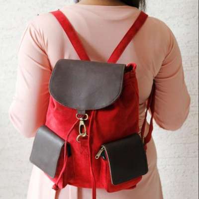 Suede Leather Stylish College Student Leather Backpack Red Colour