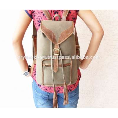 Khaki Canvas  Leather  Stylish College Student Leather Backpack